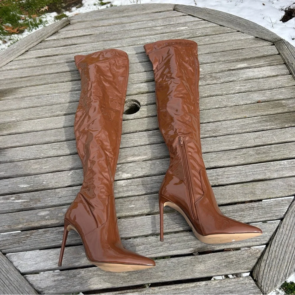 Steve Madden Patent Viktory Cognac Pat Thigh High Over Knee Boots size 6.5‎